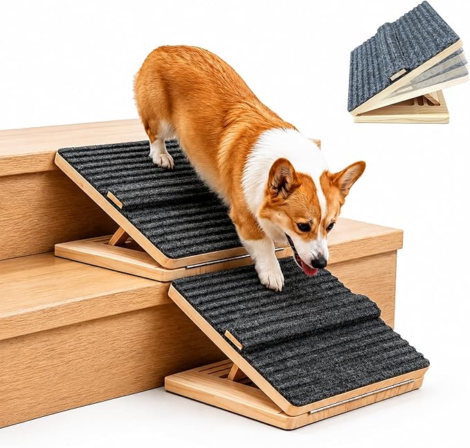 2 Pack Solid Wood Dog Ramp with Pause Strip - Foldable Pet Ramp for Stairs, 4 Heights Adjustable, Non-Slip Silicone Base & Traction Felt, for Small Dogs, Corgis & Senior Pets