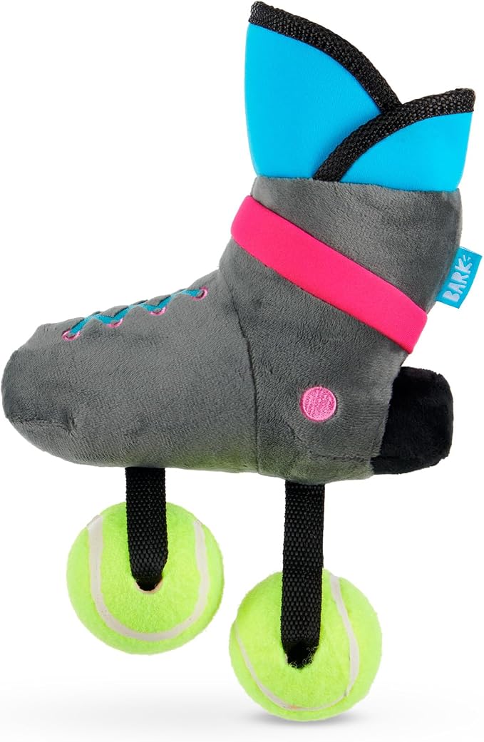 BarkBox Way Rad Rollerblade Dog Toy - for Extra Small to Small Dogs | Plush Rollerblade with Squeaky Tennis Balls, 2 Squeakers & Fluffy Filling