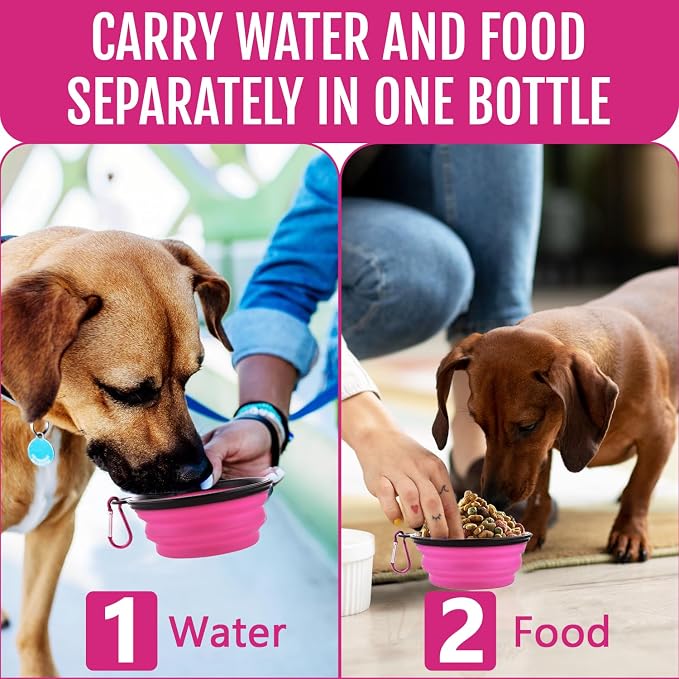 2-in-1 Dog Travel Water Bottle with Collapsible Bowl, Pink