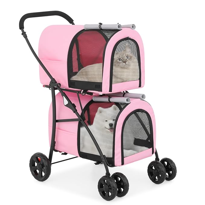 MoNiBloom 4-Wheel Double Dog Stroller - Pink/Gray, Detachable Carriers