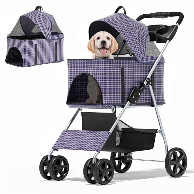MoNiBloom 3-in-1 Foldable Pet Stroller - Plaid, up to 33lbs