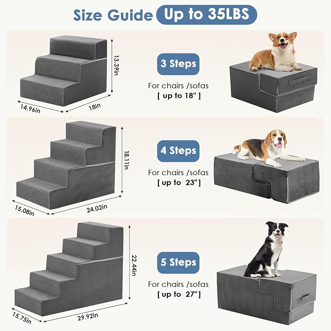DUMOS Dog Stairs for Small and Medium Dogs, 3-Step Pet Steps with High-Density Foam, Indoor Non-Slip Pet Ramp for Puppy and Older Dogs Cats, Dog Bed Stairs for Couch and Sofa, Grey