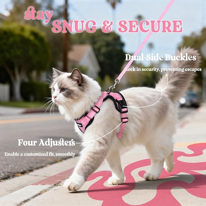 rabbitgoo Cat Harness and Leash Set, Escape Proof Vest, Pink | Soft Breathable Mesh, Easy Adjustable Fit, Snap Buckles, Sturdy Clip, Reflective Strips, for Average Cats Walks, S