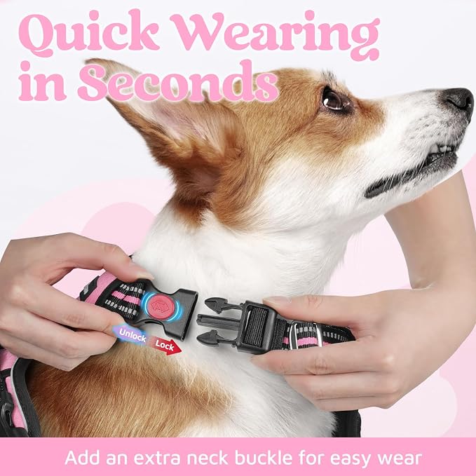 rabbitgoo Dog Harness Medium Sized, No Pull 3 Buckles Easy On & Off | Soft Padded, Walking with Control Handle, Adjustable and Reflective, Light Pink, Medium