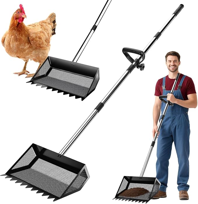 Chicken Poop Scooper Rake 2-in-1,304 Stainless Steel Shovel Head, Chicken Litter Scoop with Handle for Chicken Coop for Sand, Pet Waste Cleaning, Litter Sifting Shovel (35 to 65") (Black, 10inch)