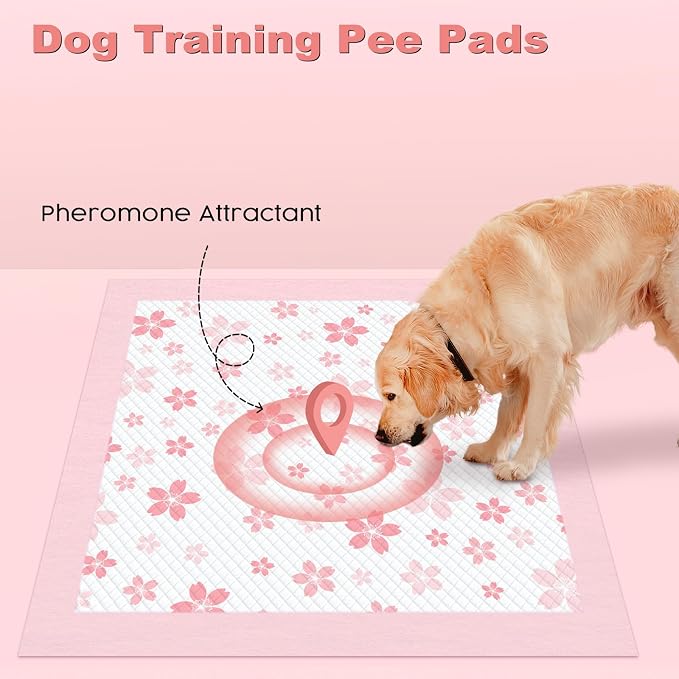 MIZOK Puppy Pads 36x36 Dog Pads Extra Large Odor Control Pee Pads for Dogs, Ultra Absorbent Up to 11 Cups 6 Layers Leak-Proof, Pink Cherry Blossom Prints& Lavender Scented(60 Counts)