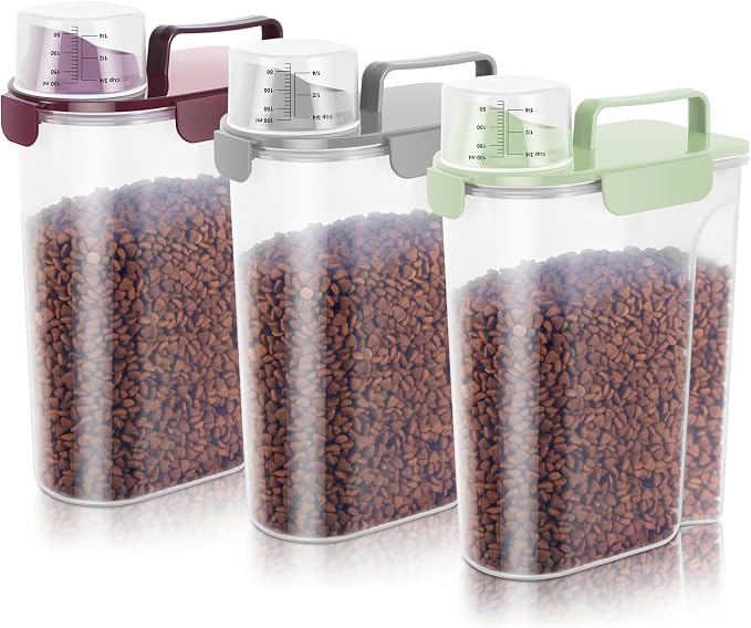 5-7Lbs Portable Cat Dog Food Storage Container with Upgraded Large Spout and Cup Dispenser, 3-Pack, 7Lbs, Brown