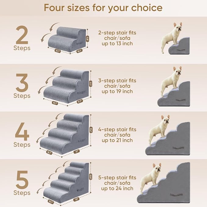 PAWSCRAT Dog Stairs for Small Pets, 11.8" H with 30D Material Soft Foam, Portable Ramp Non-Slip Surface Non-Slip for Couch and High Bed Climbing, 2-Step Stairs for Cat or Dog, LightGrey