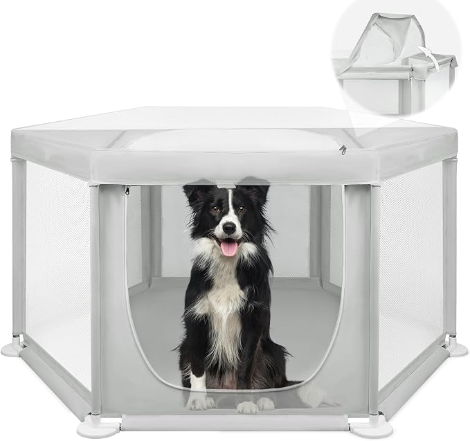 58.3"x58.3"x29.9" Large Dog Playpen Indoor, Extra Tall Puppy Playpen with Removable Roof, Sturdy Fabric Dog Pen for Medium to Large Pets, Spacious Hexagonal Pet Playpen Indoor for Comfort & Security