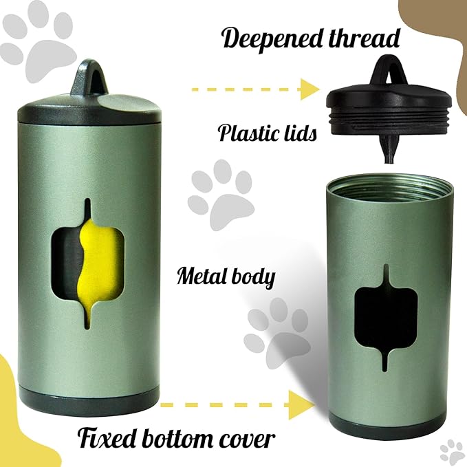 Metal Dog Poop Bag Holder 2-Pack w/Leash Clip|Durable Scratch-Resistant Aluminum|30 Bags+6 Accessories（Dark Green）