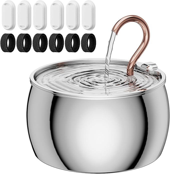 Cat Water Fountain Stainless Steel -2.5L/84oz Gooseneck Kitty Spout Cat Fountain for Drinking - Pet Water Fountain for Cats Inside with 6 Replacement Filters & 6 Pre-Filter Sponges - for Pets