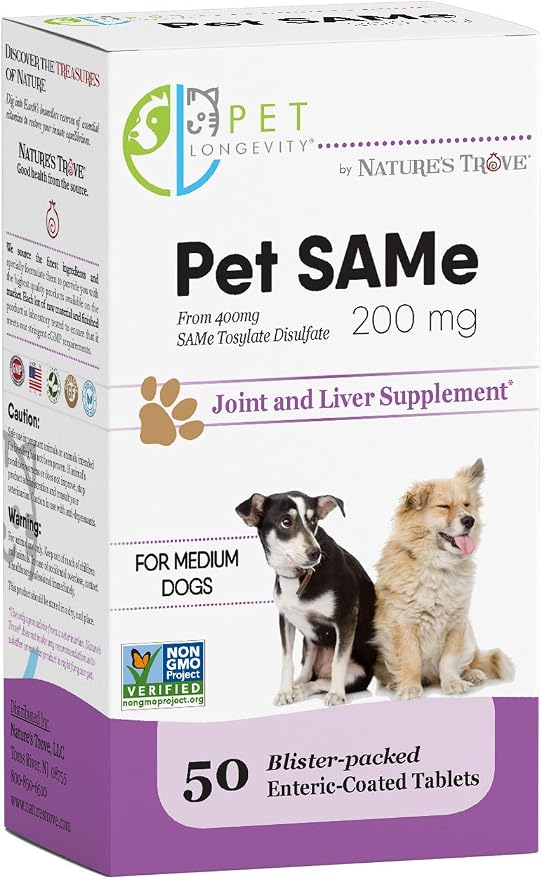 Same 200 mg Pet Supplements – Liver and Joint Support for Medium Size Dogs with Elevated Enzymes – S Adenosyl Methionine - 50 Gluten Free Enteric Coated Tablets – Non GMO Certified