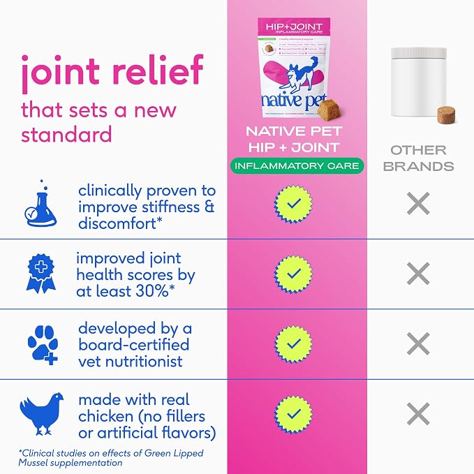 Native Pet Inflammatory Care - Pain Relief for Dogs - Green-Lipped Mussel, Turmeric & Collagen for Dogs - Hip and Joint Supplement Supports Healthy Inflammatory Response & Joint Comfort - 120 Chews