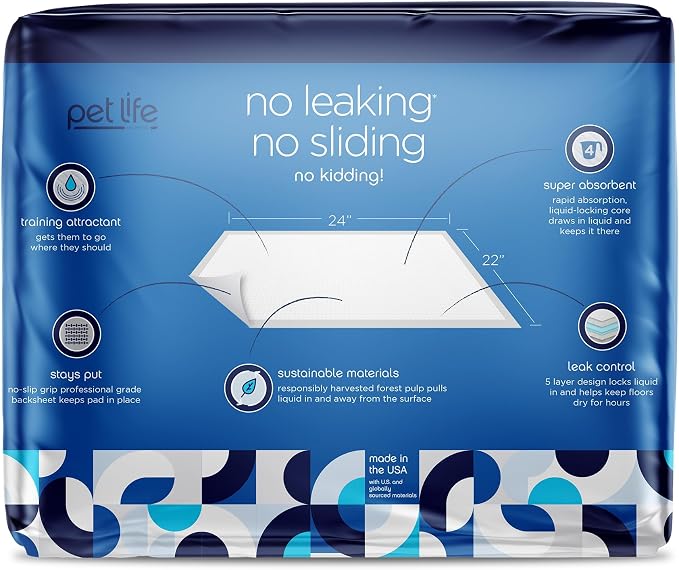 Pet Life Unlimited Leak-Proof Slide-Proof Puppy Pads for Dogs, Potty Training Pee Pads, 50 Count, Size Large, 22"x 22", Super Absorbent Quick-Dry with Odor-Control, Sweet Bluegrass Scent, Made in USA