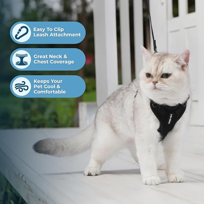 Voyager Escape-Proof Step-in Lock Cat Harness & 5ft Neoprene-Handle Leash Set All-Weather Mesh with Reflective Stitching for Small to Large Cats by Best Pet Supplies, Black, S