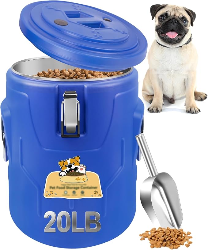 Newget 20lb Airtight Stainless Steel Dog Food Storage Container with Scoop, 20lb, Stainless Steel, Blue