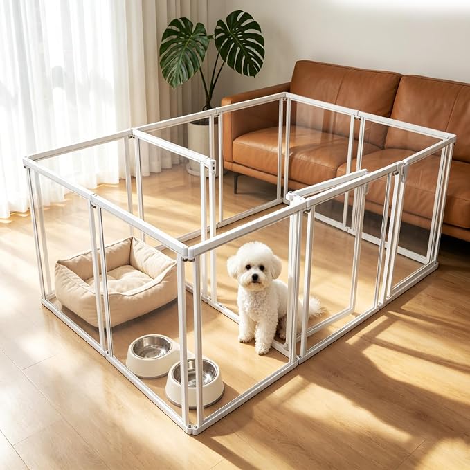 NiceTCU 24" H Acrylic Dog Playpen Indoor, Metal Frame Clear Dog Playpen with Door - 12 Panels, Easy Assemble Pet Fence, DIY Foldable Pet Pen for Ducks Puppy Rabbit Small & Medium Pets- 12Pcs White