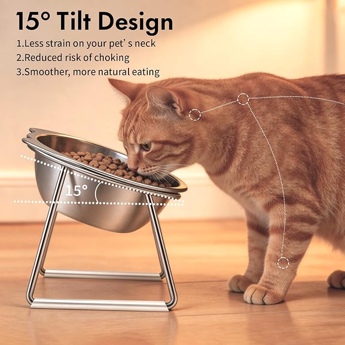 15° Tilted Elevated Cat Bowl - Silent Stainless Steel Raised Cat Dish with 1M DIY Noise-Canceling Strip - Anti-Vomiting & Neck Protection - 304 Food Grade Metal Cat Bowl, Dishwasher Safe