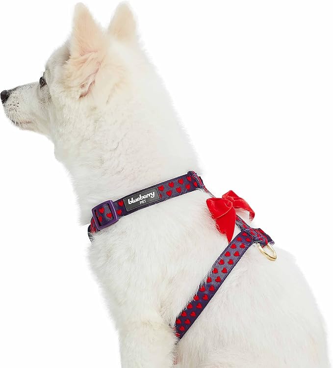 Blueberry Pet H-Shape Dog Harness Heart Flocking Valentine’s Day Adjustable Harnesses with Velvety Bowtie for Small Dogs, Gothic Grape, Chest Girth 17.75" - 21.25"