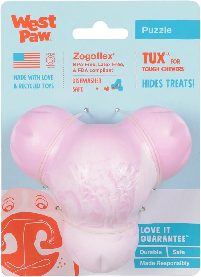 WEST PAW Zogoflex Tux Treat Dispensing Puppy Chew Toy – Interactive Chewing Toy for Puppies – Puppy Games for Aggressive Chewers, Fetch, Catch – Holds Kibble, Treats, Small 4", Bubblegum Swirl