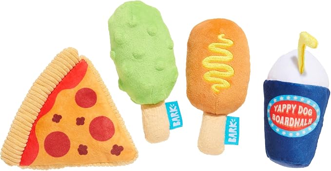 BarkBox Thrill Squeaker Snacks Dog Toy - Toy for Extra Small to Small Dogs | Four-Piece Amusement Park Plush Set with Four Squeakers and Fluff