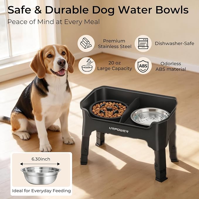 URPOWER Mess Proof Elevated Dog Bowls, High Wall Splash Guard Design, 4 Height Adjustable Raised Bowl Stand with Stainless Steel Bowl & Slow Feeder Bowl, Non-Slip Food Water Set for Small, Medium Dogs