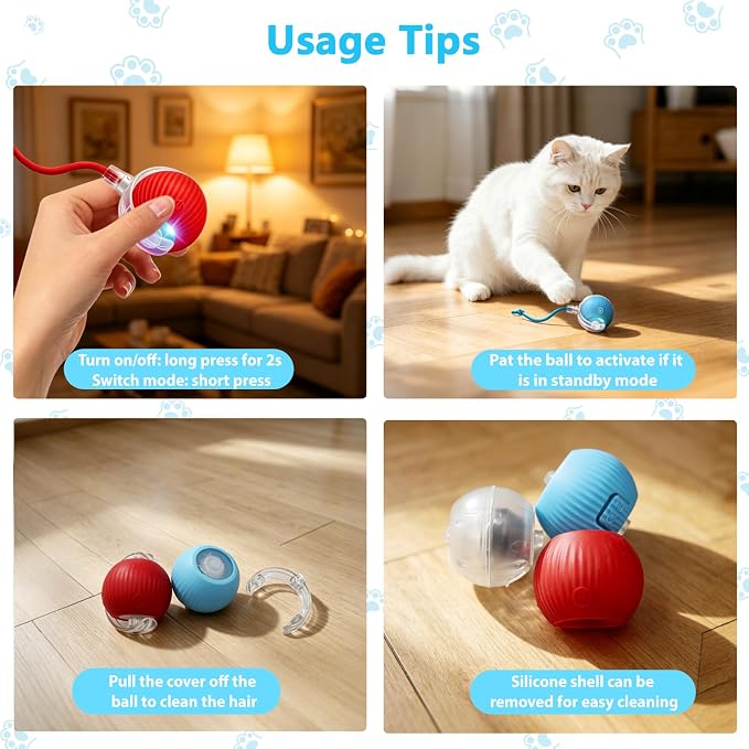 Interactive Cat Toys Ball for Indoor Cats, Automatic Self-Rolling, Motion-Activated, Bird Chirping Cats Dogs Ball Toy with Elastic Mesh Tail, Cat Enrichment Toys for Indoor Cats (Red+Blue)