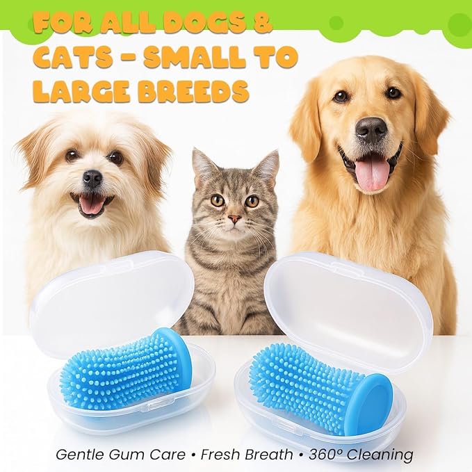 Dog Toothbrush Kit, 360° Silicone Finger Toothbrush for Dogs & Cats, Soft Bristle Pet Teeth Cleaning Set, Includes Storage Case, 2 Packs
