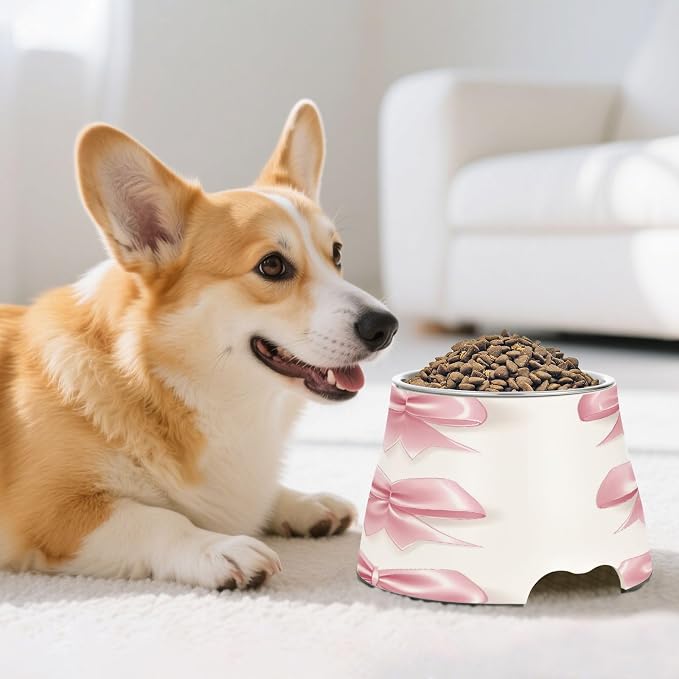 Blueangle Elevated Dog Bowls with Stainless Steel - Non-Slip 2.3 Cup High Capacity Pet Dish for Spinal Health & Ribbon Bows Design（172）