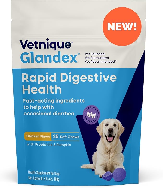 Vetnique Glandex Rapid Digestive Support for Dogs, Pumpkin + 7 Probiotics | Diarrhea Soft Chews to Firm Loose Stool, Pumpkin Fiber & 500M CFU Probiotics, Vet Formulated Chicken Flavor, 25 Count