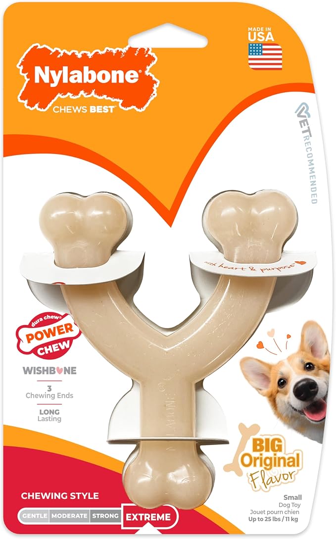 Nylabone Power Chew Wishbone Dog Chew Toy, Original Flavor, Small | Durable chew toys, long lasting, flavor throughout, discourages destructive chewing, easy-hold shape, for dogs up to 25 lbs