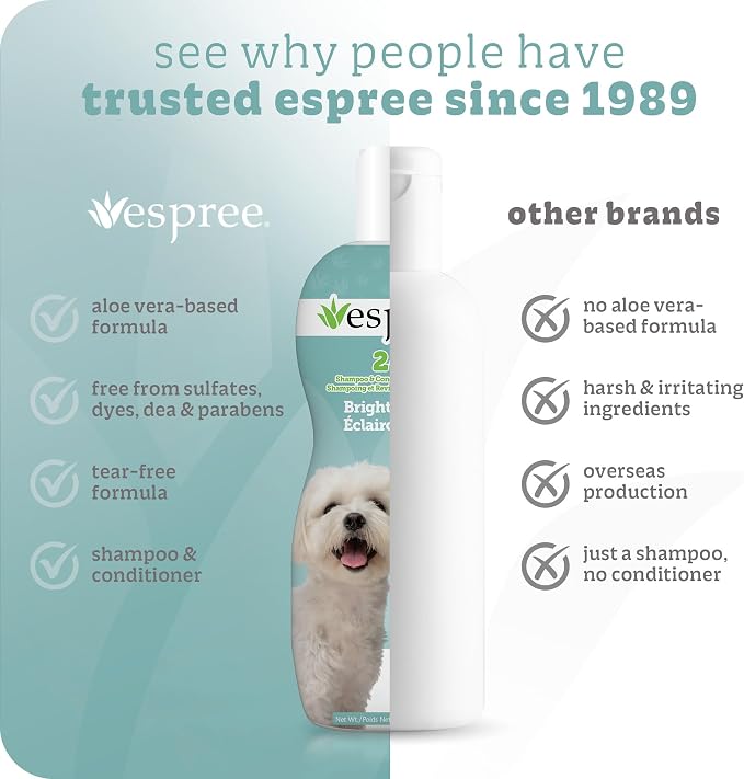 Espree Bright White Dog Shampoo & Conditioner, Dog Coat Whitening, 20oz | Professional Dog Grooming, Dog Whitening Shampoo, Dog Grooming Supplies, Stain Removing, Brightening Shampoo, Pet Shampoo