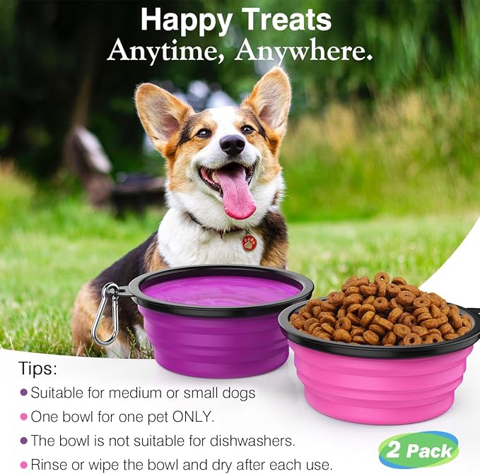 Pawaboo Collapsible Dog Bowls, 2 Pack, 1000ml, Pink + Purple