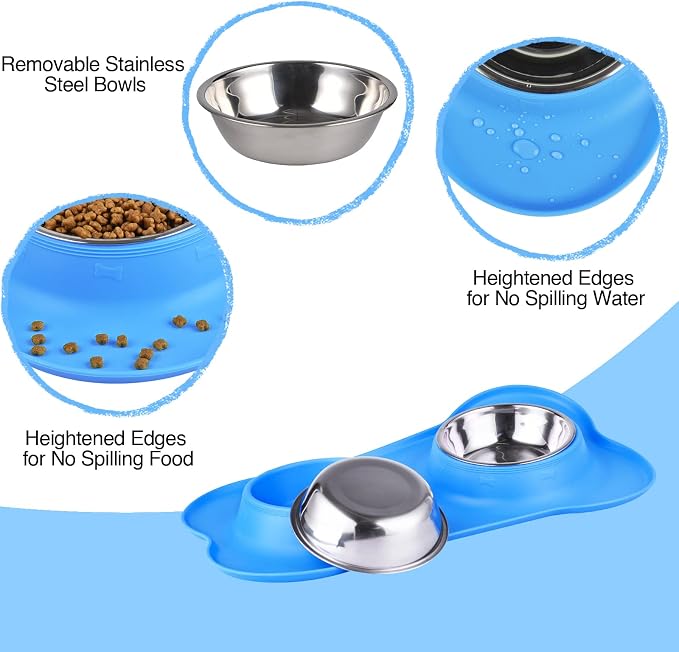 Dog Bowls 2 Stainless Steel Bowl for Pet Water and Food Feeder with Non Spill Skid Resistant Silicone Mat for Pets Puppy Small Medium Cats Dogs