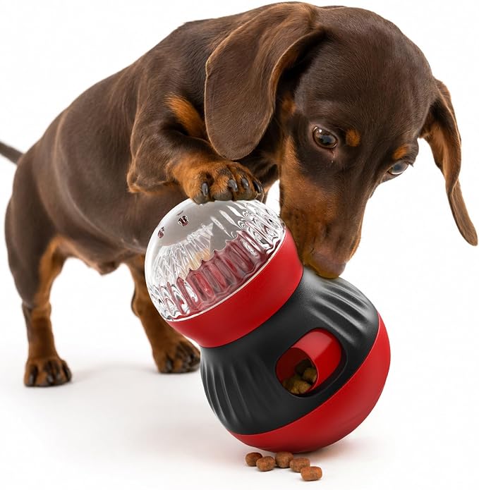 HCY&WLD Dog Interactive Puzzle Toys Adjustable Treat Dispensing Ball (Red) | Sturdy Material, Self-Righting Wobble Base, Indoor Enrichment, Slow Feeder, Smarter Play, Mental Stimulation, Boredom Buster