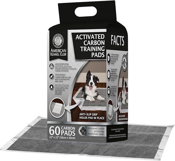 American Kennel Club Charcoal Puppy Training Pads, with Anti-Slip Adhesive Backing, Quick Dry Gel and Activated Carbon Odor Control (Charcoal, 22" x 22" - Pack of 60)