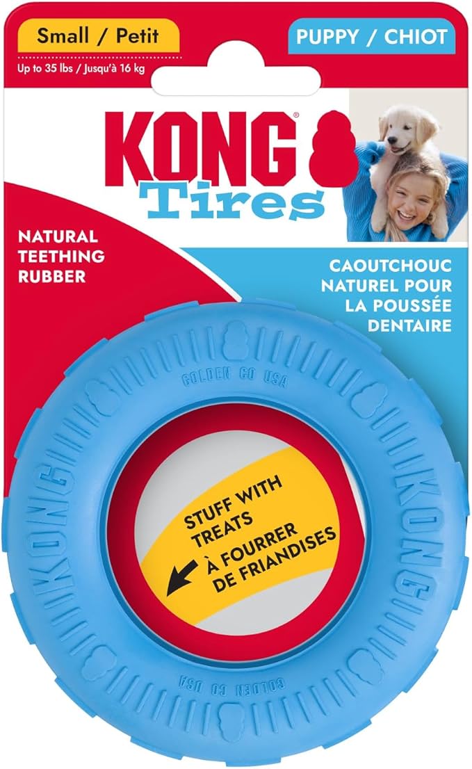 KONG Puppy Tires, Natural Rubber Teething Toy, for Small Puppies, Blue | Durable KONG Natural Rubber Chew & Fetch Toy That Promotes Healthy Teeth & Gums with a Fun Bounce & Easy Roll