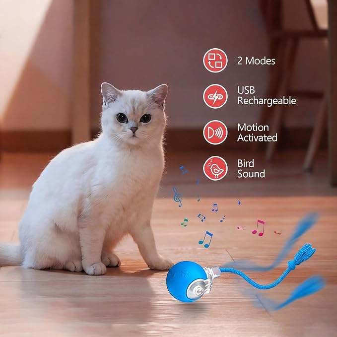 Speed 2.0 Tail Interactive Cat Toys, Rechargeable Ball for Indoor Cats | Motion-Activated Rolling Ball with Chirping Sounds, Cat Toys Interactive for Kittens and Adult Cats, Enrichment and Exercise