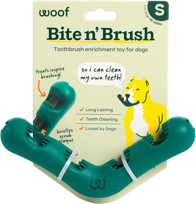 WOOF The Bite n' Brush - Dog Toothbrush Toy - Scrub Plaque and Tartar from Your Dog's Teeth and Mouth - Dog Dental Chew Toy - Small