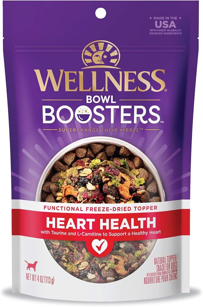 Wellness Bowl Boosters Heart Health Dog Food Topper with Freeze Dried Pieces for Small, Medium, and Large Breeds, Grain Free, Natural, Chicken Recipe, 4 oz Bag