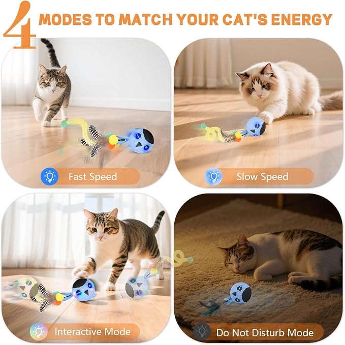 Cat Ball Toy, Upgraded Smart Motion Sensor Moving Ball with 3 Speed Modes & 4 Sounds, Interactive Toy for Indoor Cats, Motion Activated, Chirping Light, 2 Feather Tails(Blue)