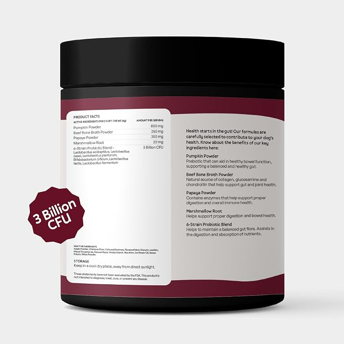Oliver's Gut Probiotics for Dogs, Digestion Health · 6-Strain Probiotics · Immune Support. Papaya & Pumpkin Powder. Beef Bone Broth Powder. Gut Health. Beef - 120 Count.