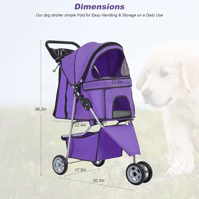BestPet 3-Wheel Jogger Pet Stroller - Purple, Cup Holder & Removable Liner