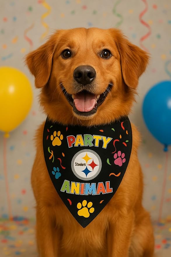 NFL Pittsburgh Steelers Pet Birthday Bandana, NFL Dog Birthday Party Set and Costume, Licensed Dog & Cat Birthday Party Scarf, Football Team Pet Outfit, Puppy Bday Accessory, Size Small/Medium