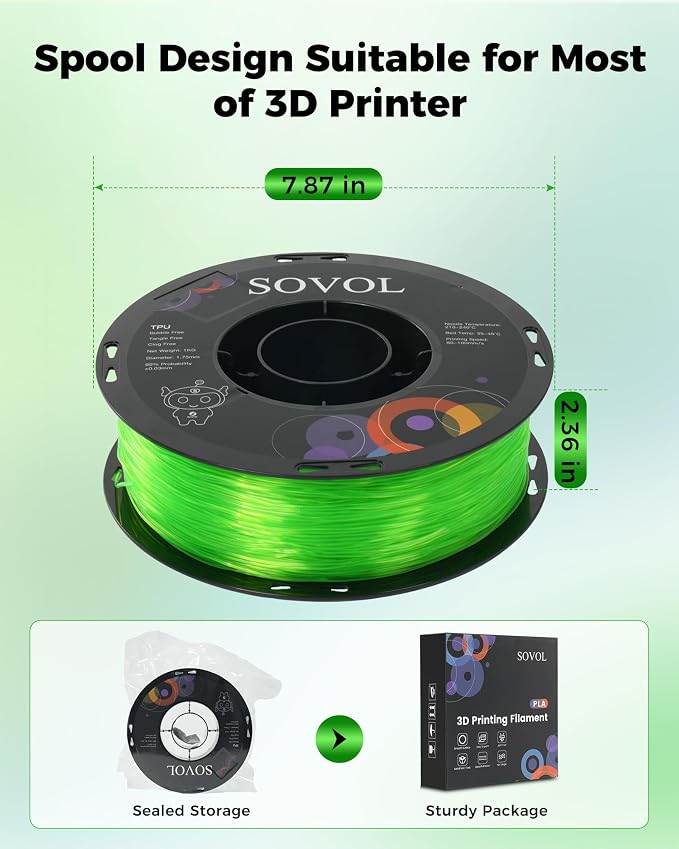 Sovol TPU Filament 1.75mm, 95A Soft TPU Flexible 3D Printer Filament with High Elasticity, 1kg (2.2lbs), Dimensional Accuracy +/- 0.03 mm, Fit Most FDM Printer, Clear Green