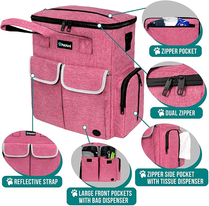 PetAmi Dog Travel Bag Organizer with Food Containers & Bowls, Pink