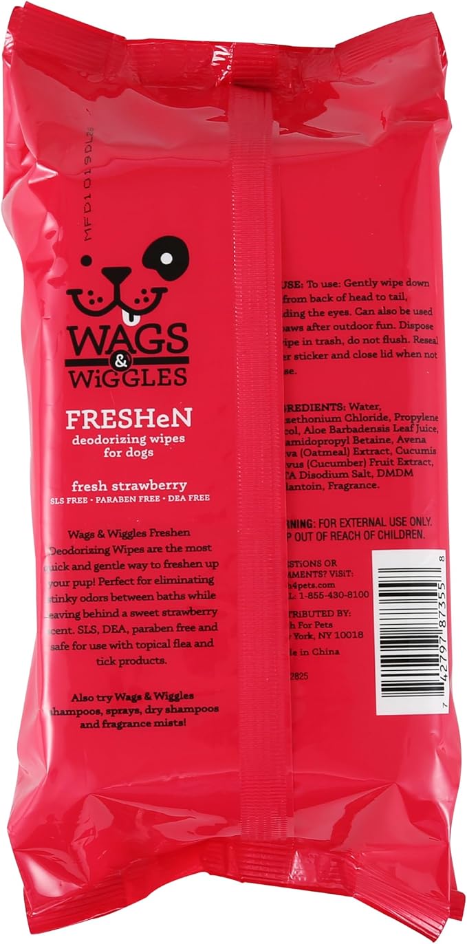 Wags and Wiggles Freshen Deodorizing Wipes for Dogs, Fresh Strawberry Scent - Dog Wipes that Eliminate Odors Between Baths, Easy at-Home Grooming, Dogs and Puppies, 100 Count
