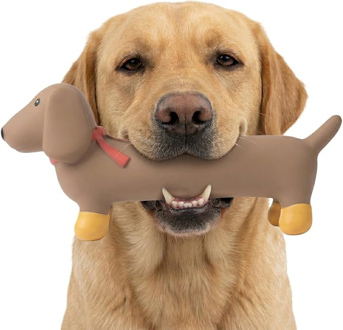 Fuzzl Sizzles Latex Dachshund Dog Toy – Large Brown Sausage Dog – Squeaky Durable Latex Chew Toy for Medium and Large Dogs Rubber Toys