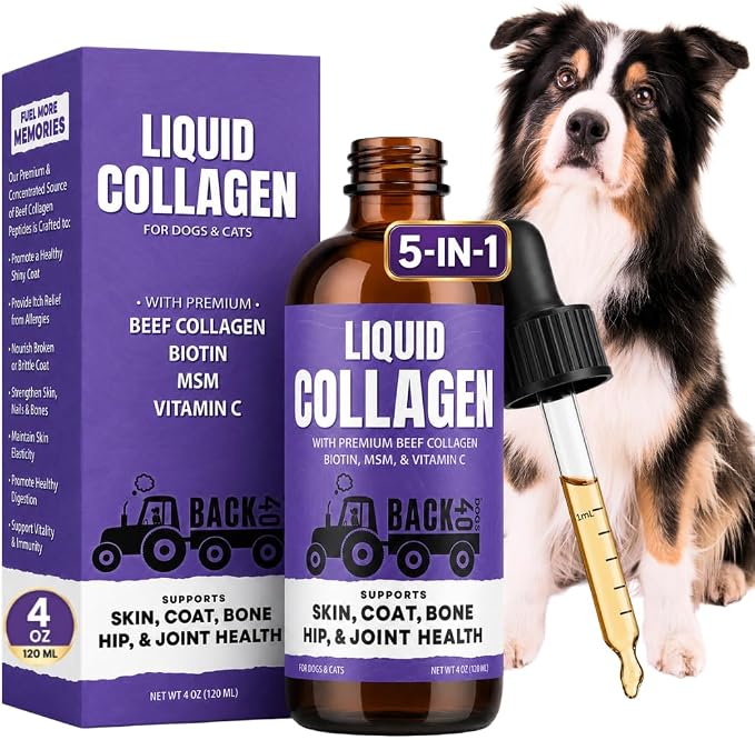 Back 40 Dogs Premium Grass-Fed Liquid Collagen for Dogs Skin and Coat, Hips and Joints | Allergy Relief with Biotin, Vitamin C and MSM for Joint, Nails & Immunity | Made in USA