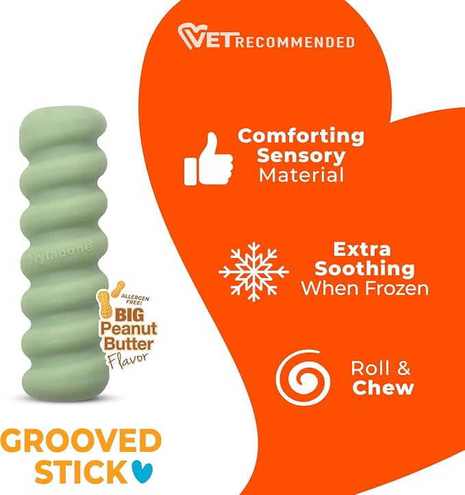 Nylabone Puppy Chew Sensory Material Grooved Stick Dog Chew Toy, Small | Peanut butter flavor, soothing teething toys for puppies, teething relief, freeze for extra comfort, up to 25 lbs